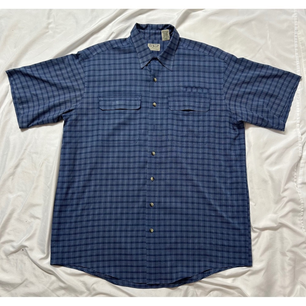 LL Bean Mens Blue Plaid CoolMax Tech Short Sleeve Button Up Vintage Shirt L Tall